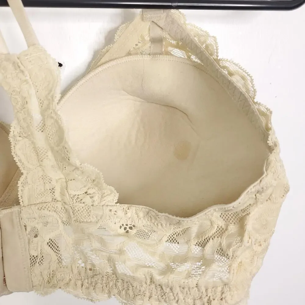 Aerie Bra Womens 36B Lace Bralette Padded Cups Strappy Crossed Back Cream